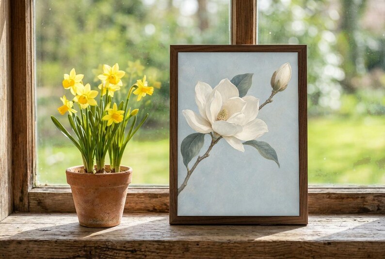 Watercolor Window Spring Background White Magnolia Watercolor Wall Art, Spring Floral Printable Botanical ...