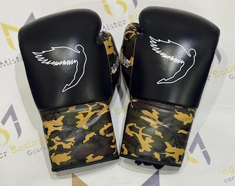 Echtes Rindsleder Fly Camo Schwarz Leder Boxhandschuhe Sparring & Trainingsgeräte