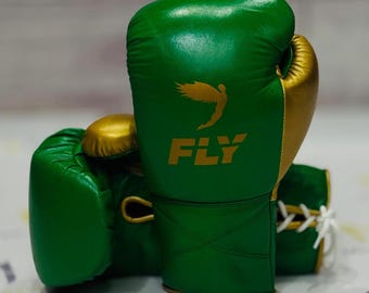 Guantes de boxeo Fly Green & Gold personalizados – Guantes de entrenamiento y sparring de cuero de vaca