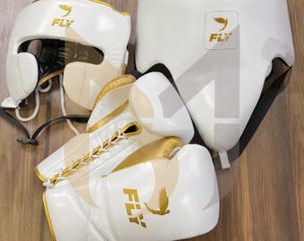 FLY Boxing Gloves, Headgear, Groin Protector Set, White Gold Leather Training Gear