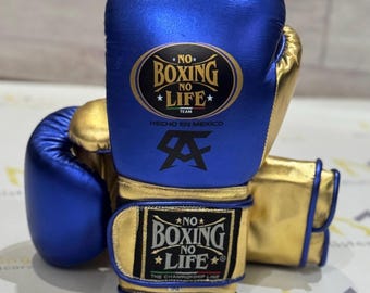 Guantes con correa azul y dorada "No Boxing No Life" hechos a mano y personalizados: sparring y entrenamiento