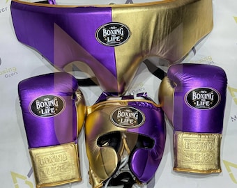 No Boxing Life purple And Gold Leather Gear Set Gloves, Headgear, Groin Guard