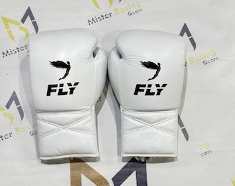 Fly Boxing Gloves White  Cowhide Leather Training and Sparring laces Gloves