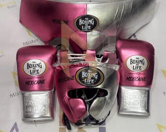 No Boxing Life Sparring Leather Set: Gloves, Headgear, Groin Guard (Pink/Silver)