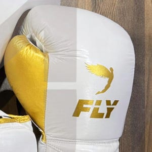 FLY Boxing Gloves, Headgear, Groin Protector Set, White Gold Leather Training Gear image 4