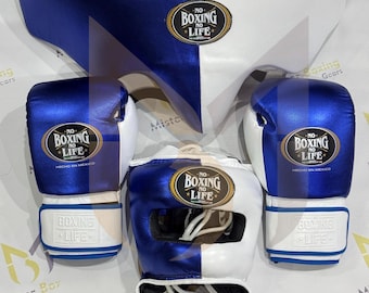 No Boxing Life Weiß-Blaues Leder Set: Handschuhe, Kopfbedeckung, Tiefschutz