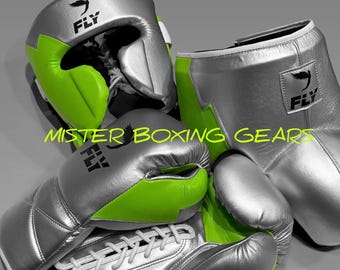 Set de boxeo y sparring Fly Silver y verde neón / Cuero de vaca, equipo de protección