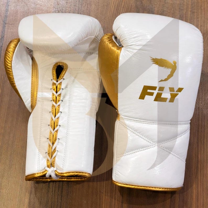 FLY Boxing Gloves, Headgear, Groin Protector Set, White Gold Leather Training Gear image 3