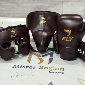 Professionellt flugboxningsset: Handskar, huvudskydd och ljumskskydd i kohud