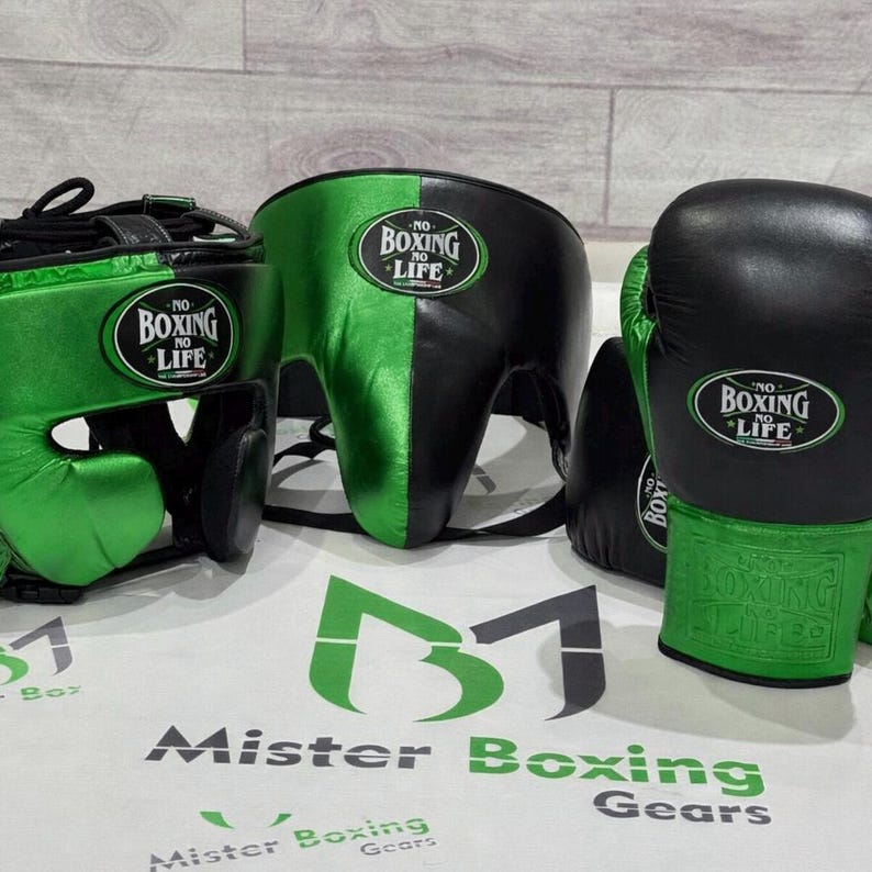 No Boxing Life Green and Gold Leather Gear Set: Gloves, Headgear, Groin ...