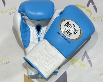 Handmade Cowhide Leather Boxing Gloves – Blue & White Lace-Up