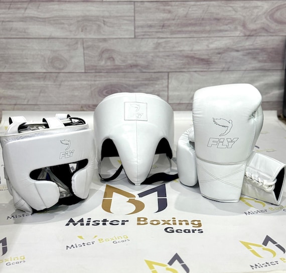 Fly Boxing Gear  White Leather Gloves Headgear and Groin Guard  Professional  Equipment