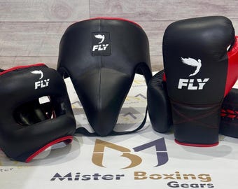Echtes Rindsleder Fly Matt Schwarz Leder Sparring Boxset: Handschuhe, Kopfschutz, Tiefschutz
