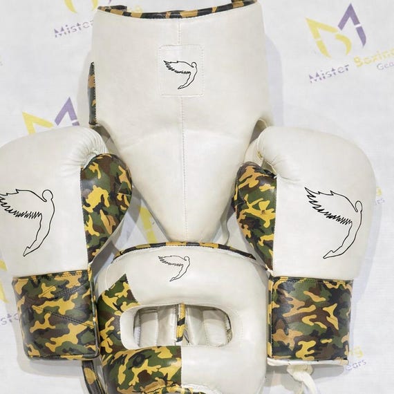 Fly Boxing Set Camo Halfwhite Leather Gloves Headgear and Groin Guard  Professional  Equipment