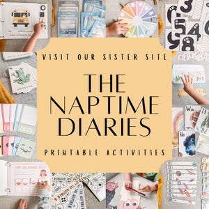 May include: A collage of educational materials, including flashcards, a color wheel, and number cards. The central image features the text "VISIT OUR SISTER SITE THE NAPTIME DIARIES PRINTABLE ACTIVITIES" on a yellow background.