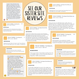 May include: Image featuring customer reviews for a product bundle. The reviews are displayed on a cream-colored background with the text "SEE OUR SISTER SITE REVIEWS" in a circular design. The reviews praise the educational value and quality of the activities.