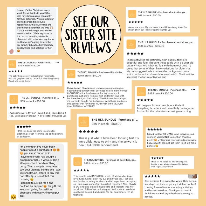 May include: Image featuring customer reviews for a product bundle. The reviews are displayed on a cream-colored background with the text "SEE OUR SISTER SITE REVIEWS" in a circular design. The reviews praise the educational value and quality of the activities.