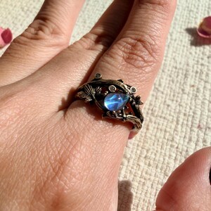 Moonstone Ring, Fairycore Ring, Enchanted Forest Ring, Vintage Nature Adjustable Ring, Blue Opalite Statement Ring, Cottagecore Jewelry Gift