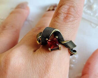 Vintage Ribbon Design Ring with Red Cubic Zirconia – Handmade Adjustable Artistic Jewelry, Antique Brass Statement Ring for Women