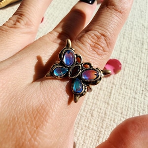 Butterfly Ring, Opalite Ring, Fairycore Jewelry, Celestial Butterfly Adjustable Ring, Vintage Gold Statement Ring, Mystical Gift for Her