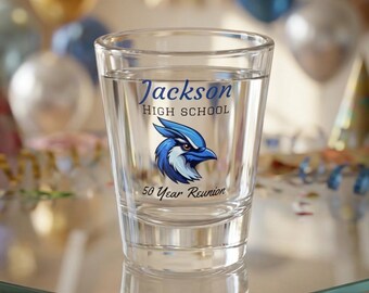 Custom high school reunion shot glass highschool gift party favors handouts class of 1976 50 yr alumni personalize customize colors bulk
