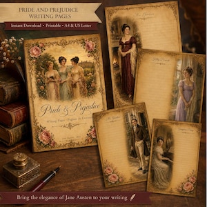 Puede incluir: Una colección de páginas de escritura imprimibles con temas de Pride and Prejudice, con ilustraciones de estilo vintage de personajes con ropa de época, bordes florales y secciones rayadas, presentadas en varios diseños.