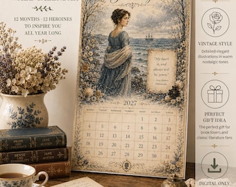 Literarische Heldinnen-Kalender 2027 zum Ausdrucken | Wandkalender im Stil von Jane Austen | A3/A4-PDF-Download | Literarisches Geschenk im Cottagecore-Stil