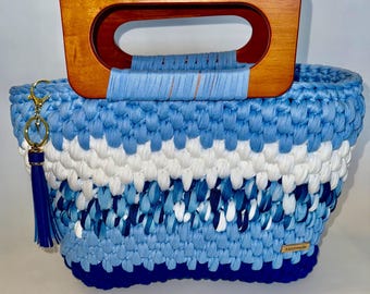 Hand Knitted Multi Blue Colored Tote
