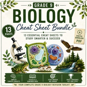 Può includere: Un pacchetto di fogli di ripasso di biologia per la nona classe in formato PDF scaricabile di 13 pagine. La copertina mostra un microscopio, una cellula vegetale, una cellula animale, una rana, funghi, un falco e un paesaggio boschivo con cascata.