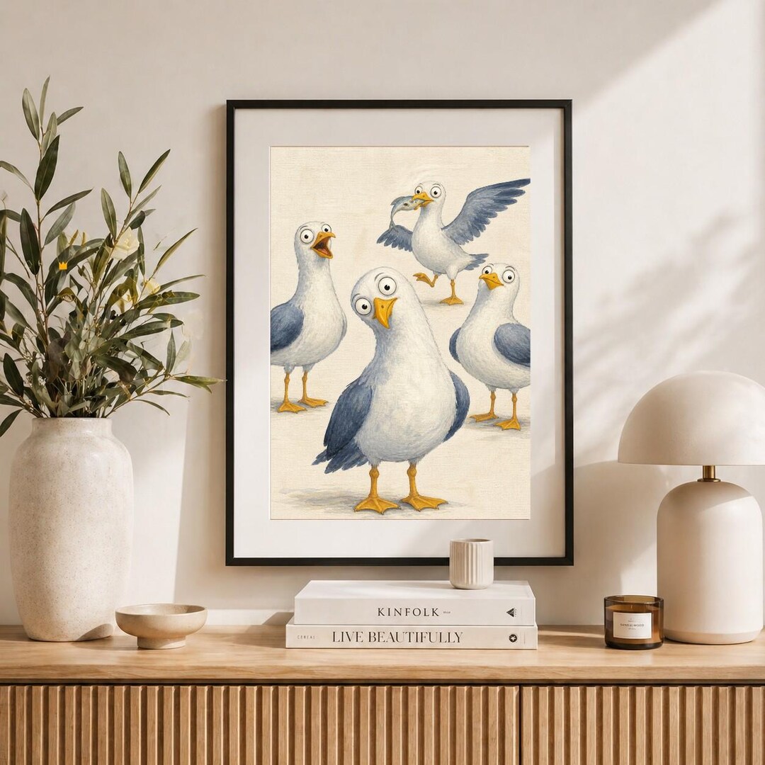 Funny Seagull Wall Art Print, Quirky Bird Beach Decor, Coastal Nursery ...