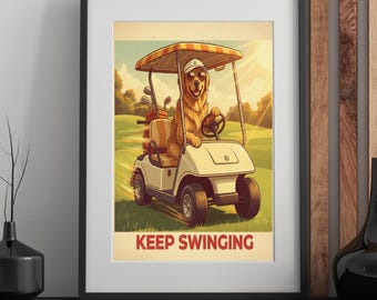 Golden Retriever Golf Art Print | Funny Retro Man Cave Decor (Digital Download)