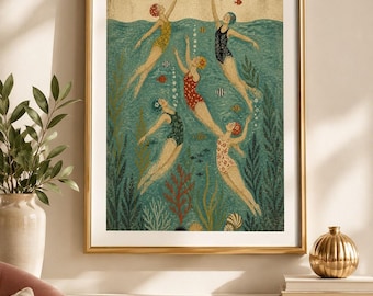 Women Swim Art, Vintage Underwater Scene, Printable 300 DPI Download