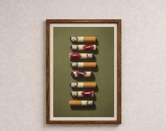 Cigarette Wall Art, Olive Green Lipstick-Marked Design, Digital Download