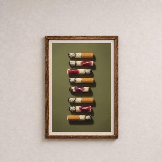 Cigarette Wall Art, Olive Green Lipstick-Marked Design, Digital Download