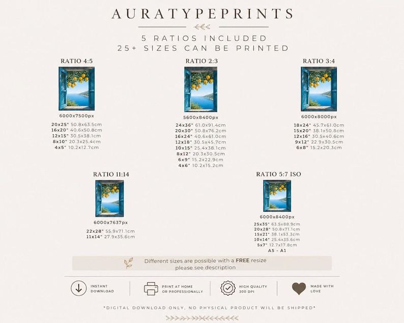 An informational sizing guide listing five different ratios and pixel dimensions for printing digital artwork.