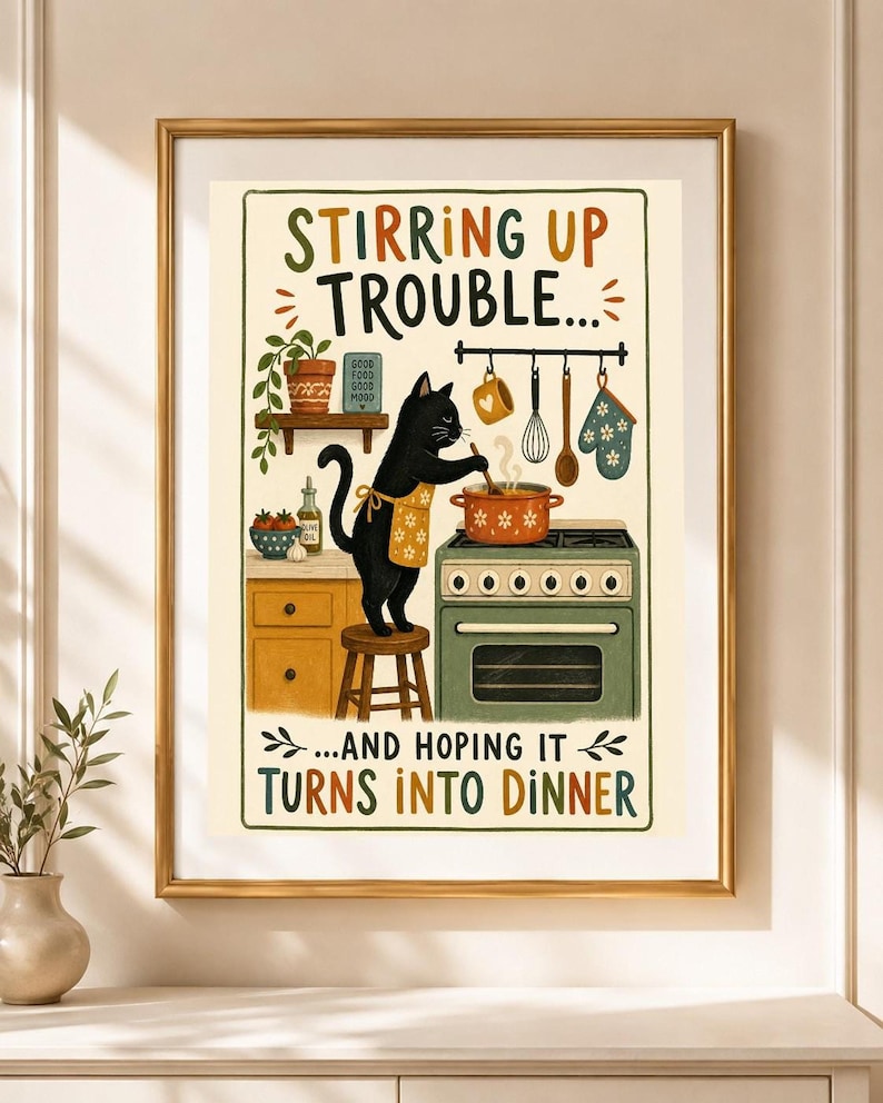 cooking-cat-art-kitchen-wall-decor-with-dinner-quote-etsy-australia