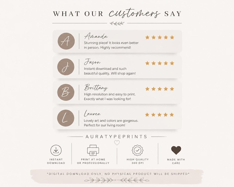 A customer review graphic showing four five-star testimonials praising the quality of the print and the instant download process.