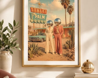 Desert Disco Print, Retro Motel Scene with Ball Couple Digital Download