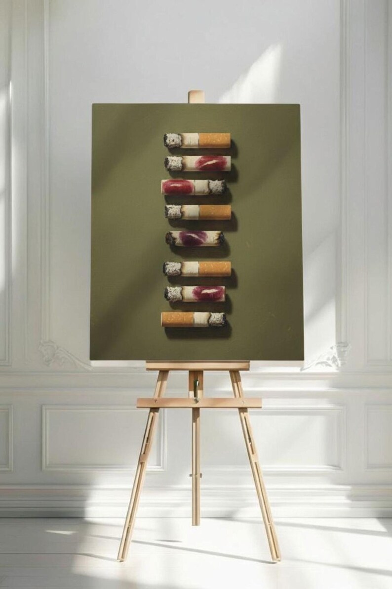 The lipstick cigarettes art print displayed on a wooden easel in a bright white room.