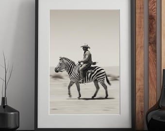 Cowboy Rider Art, Monochrome Zebra Digital Download, Western Decor