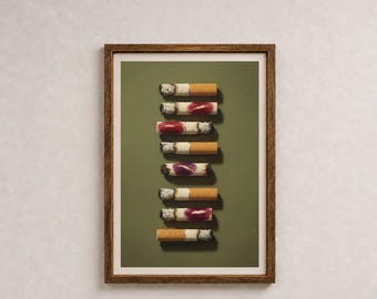 Lámina de cigarrillos con pintalabios, arte retro de bar con ambiente melancólico (descarga digital)