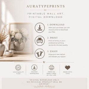 An informational graphic explaining the digital download, print, and enjoy process for printable wall art.