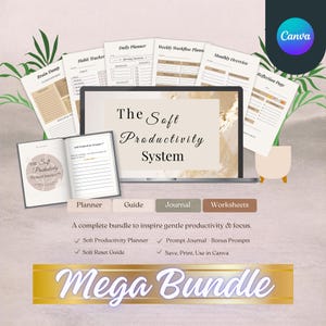 May include: A digital productivity bundle with the text "The Soft Productivity System." Includes a planner, guide, journal, and worksheets. The image features a laptop, open journal, and various printed pages with titles like "Brain Dump" and "Habit Tracker."