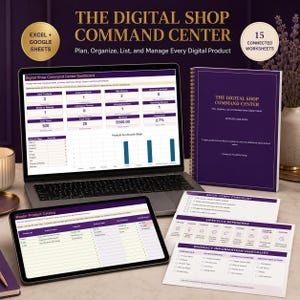 May include: A digital shop command center system for Excel and Google Sheets, featuring a laptop displaying a dashboard, a tablet showing a master product catalog, a spiral-bound user guide, and printed checklists for product management and lifecycle tracking.