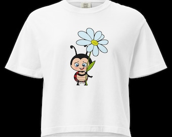 Süßes Marienkäfer Shirt Frauen Boxy T-Shirt, Komfort Farben 3023CL, Cartoon Bug Blume Grafik T-Shirt, Kawaii Ästhetisches Shirt, Geschenk für Sie oder Kinder