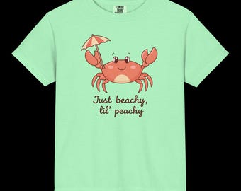 Just Beachy Lil Peachy Crab T-Shirt, Comfort Colors Youth Summer Tee, Cute Crab Graphic Shirt, Beach Vacation Outfit, Kids Coastal Apparel