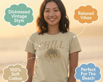 CHILL Palmen T-Shirt, beunruhigter Vintage-Stil, Küstensommer-T-Shirt