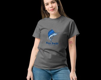 Run Swift Marlin Graphic Tee, Retro Ocean Fishing Shirt, Coastal Apparel
