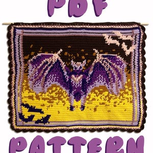 May include: A crocheted wall hanging featuring a bat with outstretched wings, in shades of purple, yellow, and brown. The word "PDF" is above the image, and "PATTERN" is below. The border has a scalloped edge.
