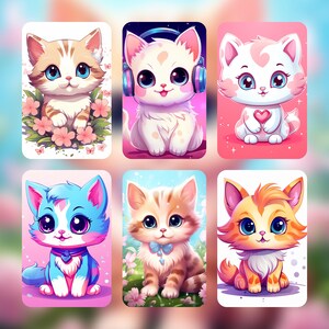 May include: Six colorful cat illustrations. Each cat has large eyes and is set against a pastel background. The cats vary in color, including orange, white, and blue. Some cats have accessories like headphones or bows. The overall theme is cute and whimsical.